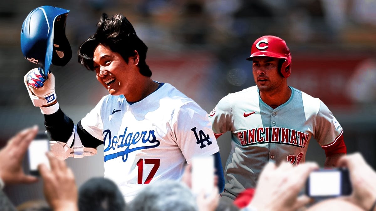 Dodgers star Shohei Ohtani with Reds in background.