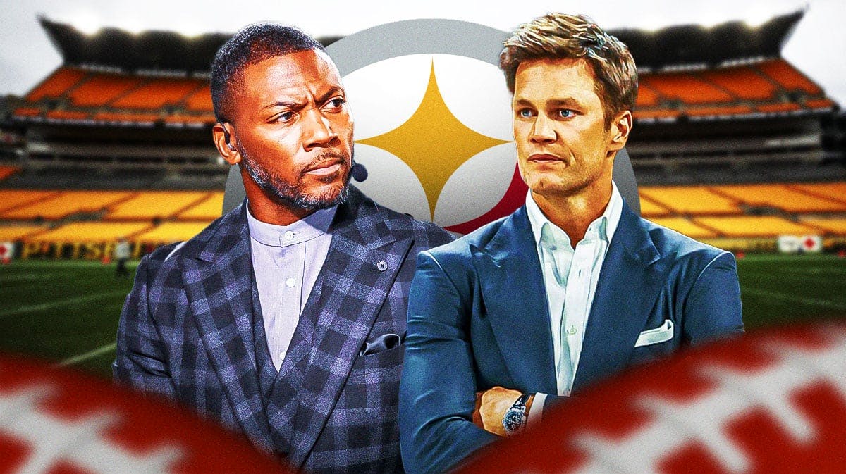 Former NFL QB Tom Brady with former Pittsburgh Steeler Ryan Clark. They are next to a logo for the Pittsburgh Steelers.