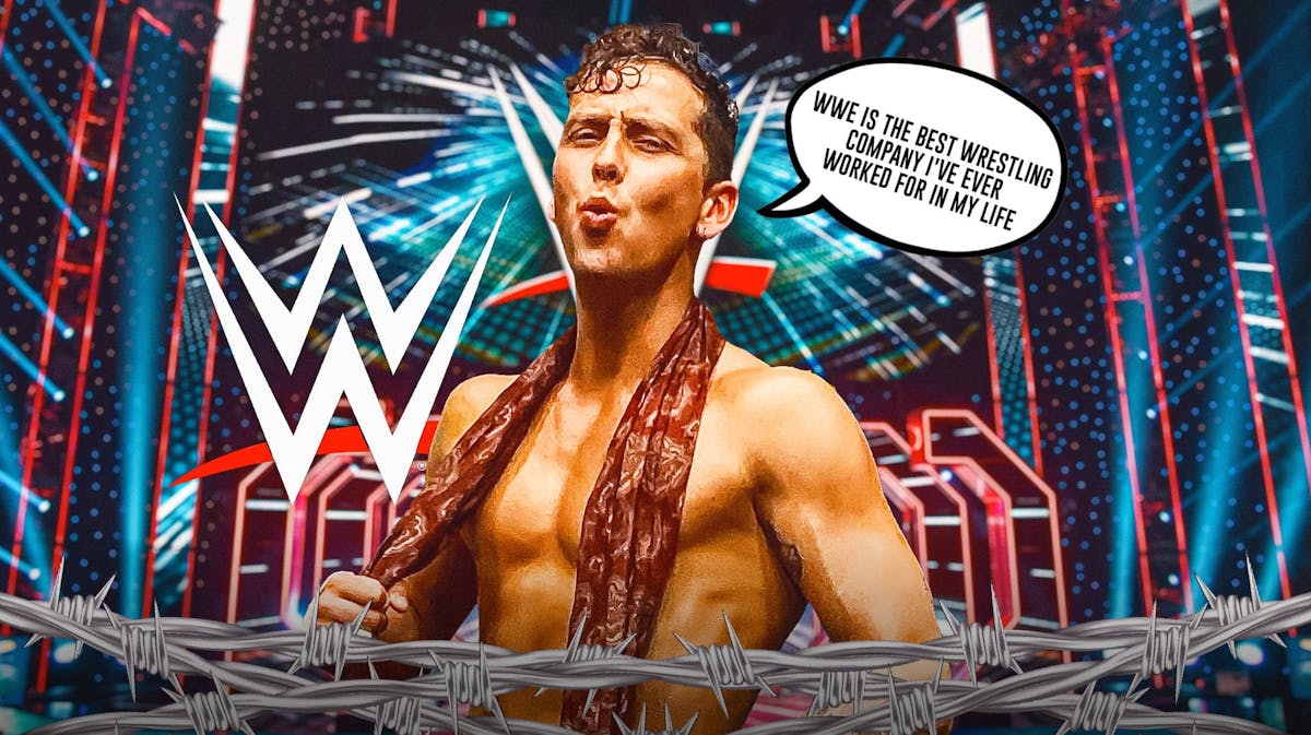 Tate Mayfairs with a text bubble reading "WWE is the best wrestling company I've ever worked for in my life" with the WWE logo as the background.