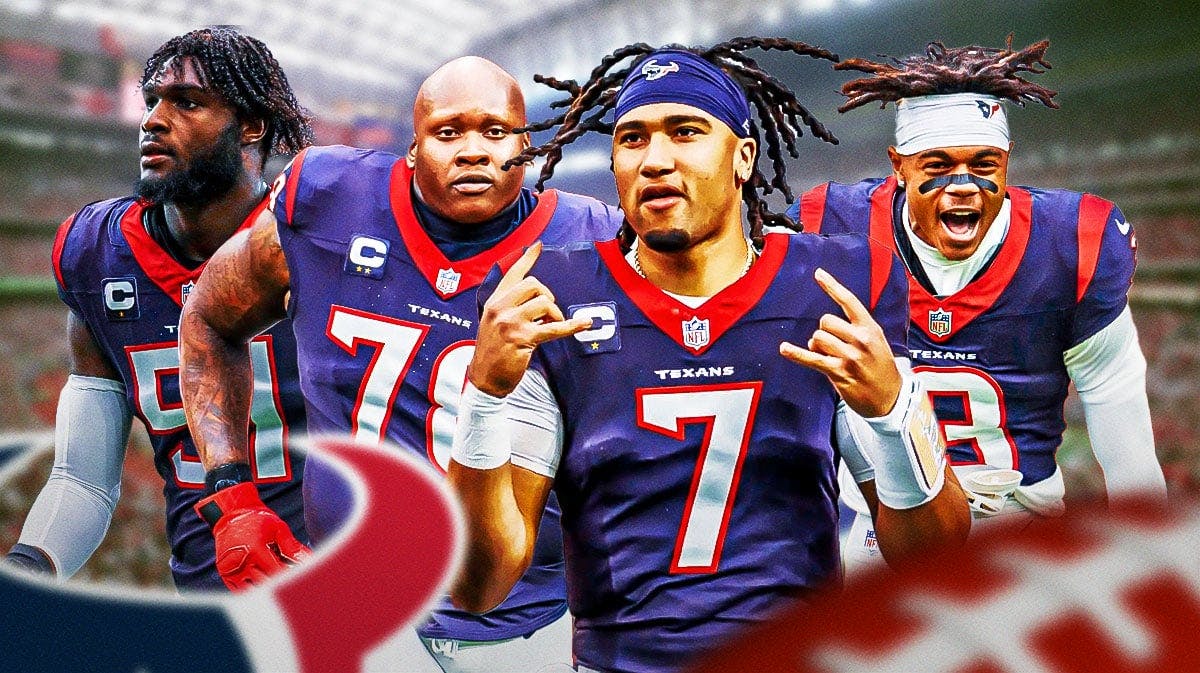 C.J. Stroud, Tank Dell, Laremy Tunsil, Will Anderson all together. Texans logo in front, NRG Stadium as background.