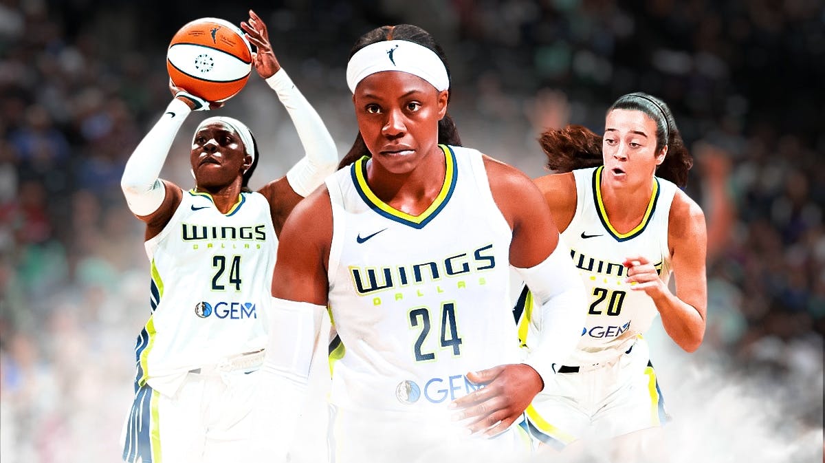 Dallas Wings' Arike Ogunbowale looking serious in front. In background, Dallas Wings' Arike Ogunbowale shooting a basketball. Dallas Wings' Maddy Siegrist also in background.