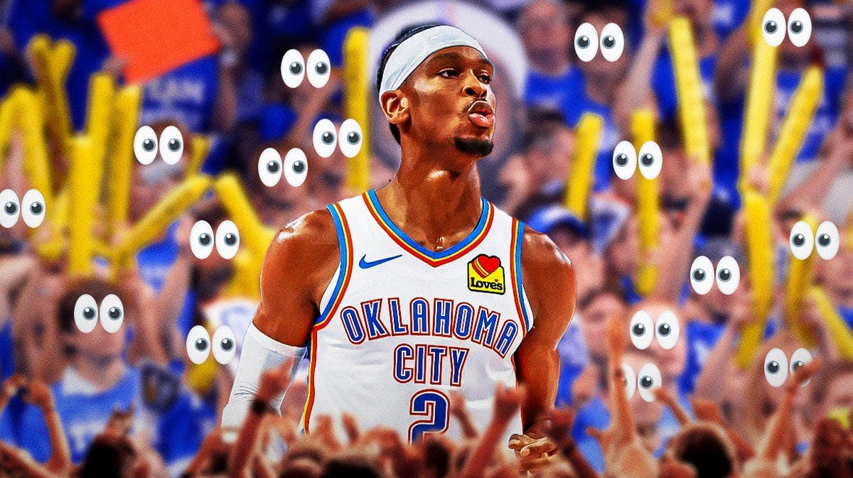 Shai Gilgeous-Alexander on one side, a bunch of Oklahoma City Thunder fans on the other side with the big eyes emoji over their faces