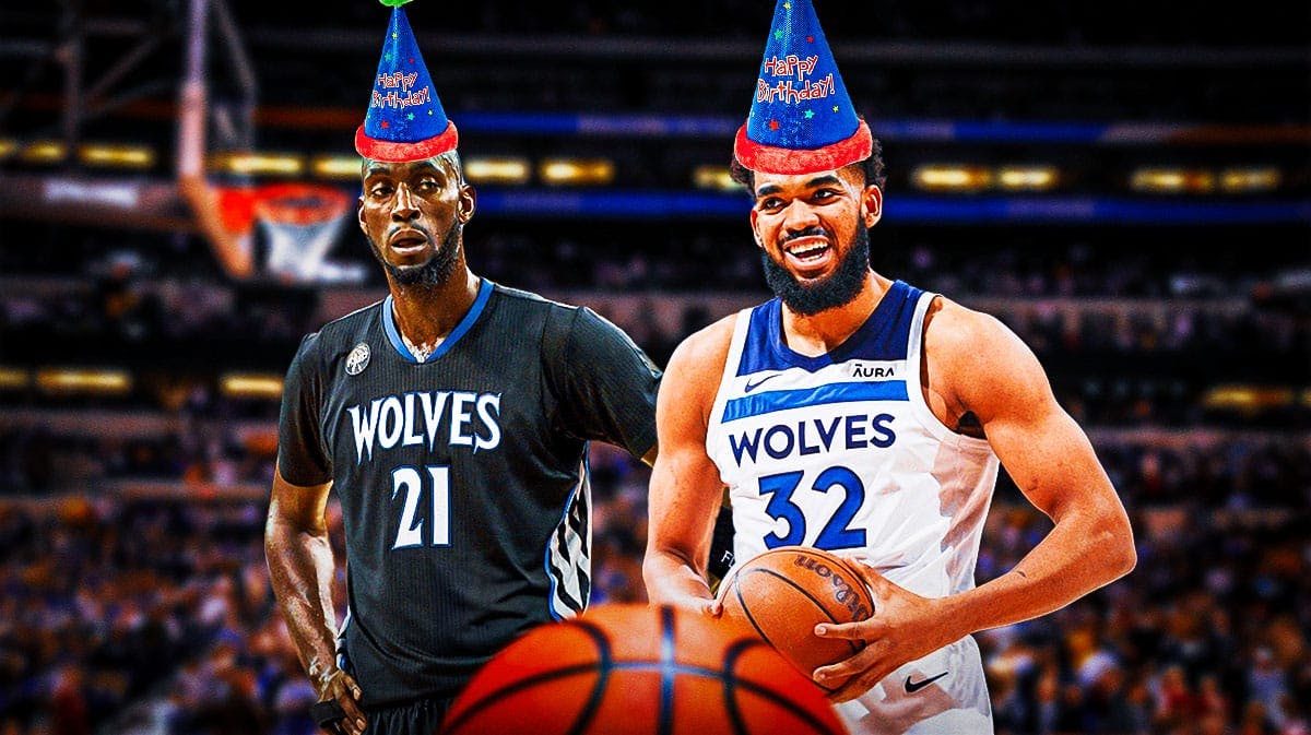Karl-Anthony Towns (Timberwolves) and Kevin Garnett (Timberwolves days) both with birthday hats