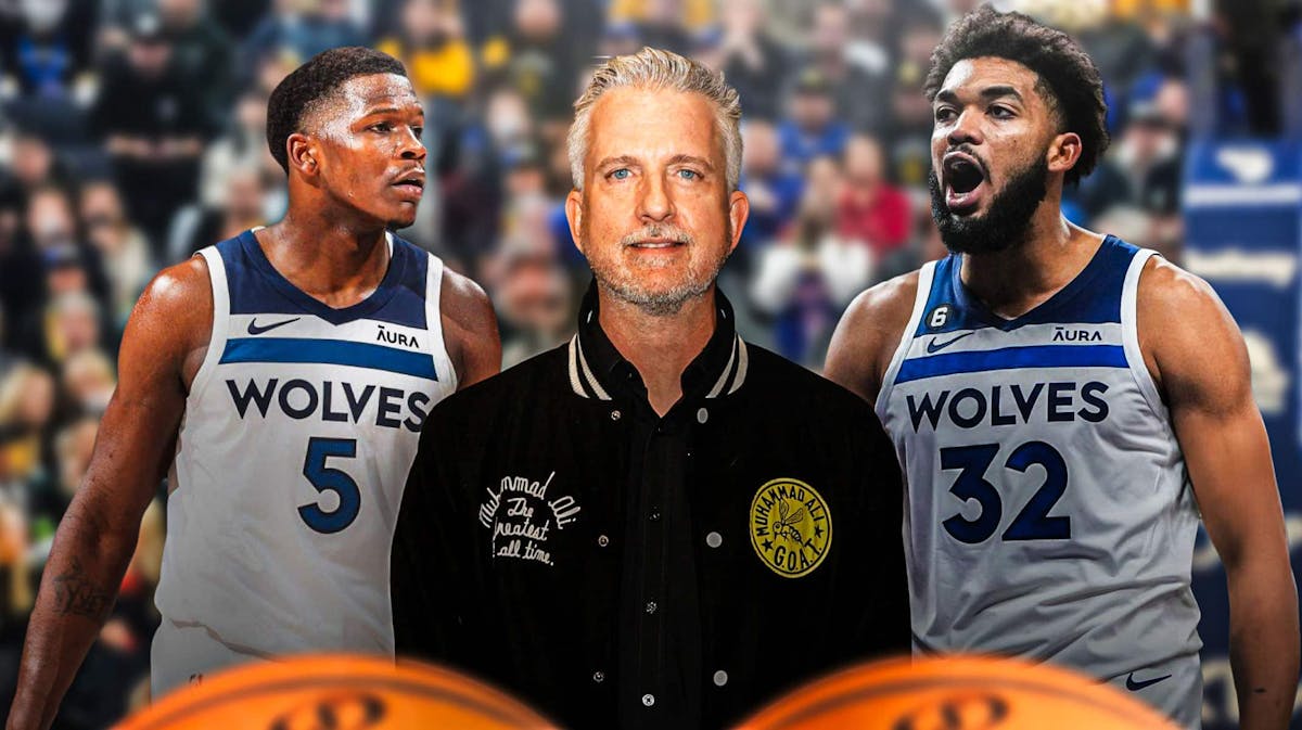 Minnesota Timberwolves stars Anthony Edwards and Karl-Anthony Towns next to Bill Simmons in front of the Target Center.