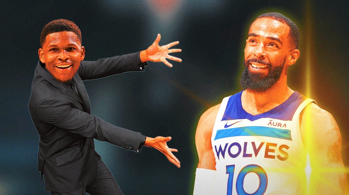 Timberwolves' Anthony Edwards as Will Smith in the pointing meme, while pointing to a smiling Mike Conley with sparkles all over him