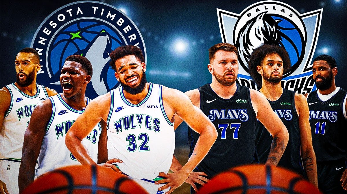 Anthony Edwards, Rudy Gobert, Karl-Anthony Towns, Timberwolves logo on one side. On other side is Luka Doncic, Dereck Lively, Kyrie Irving, Mavericks logo.