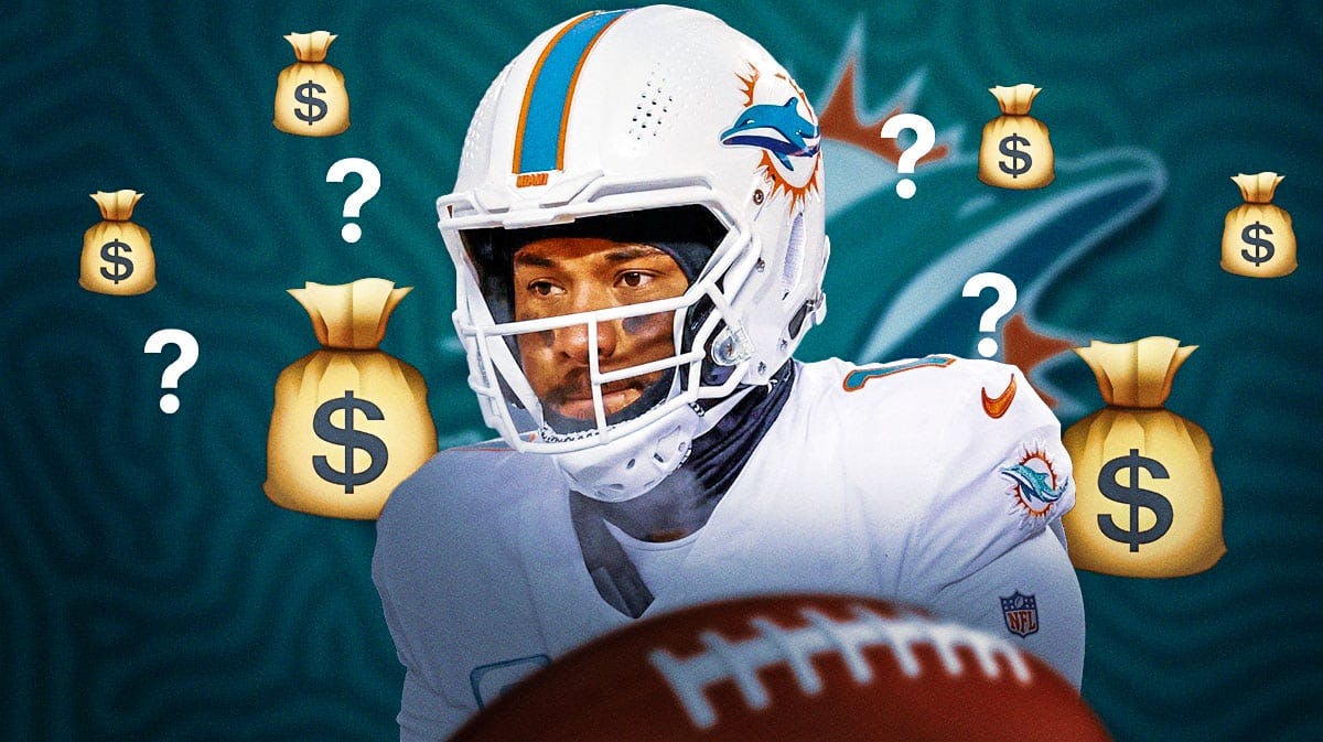 Miami Dolphins QB Tua Tagovailoa surrounded by question marks and money bag emojis. In the background there is a logo for the Miami Dolphins.