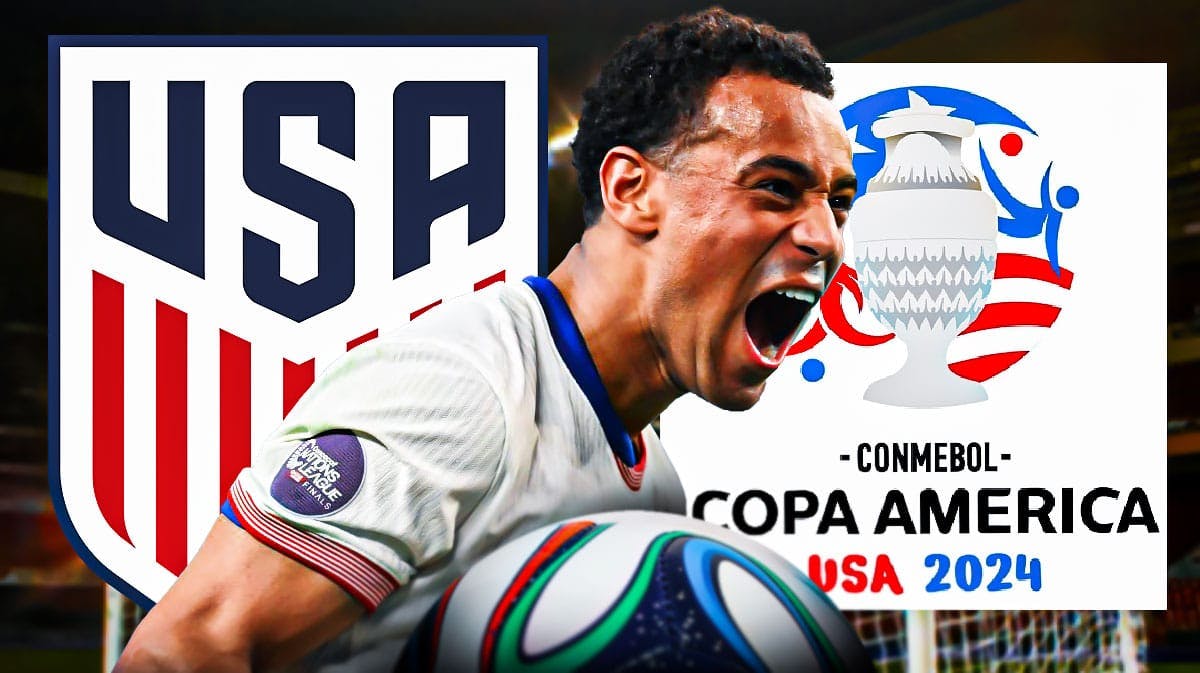 Tyler Adams in front of the USMNT and Copa America logos