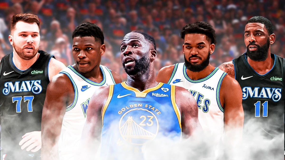Draymond Green in the middle, Anthony Edwards and Karl-Anthony Towns on one side, Luka Doncic and Kyrie Irving on the other side