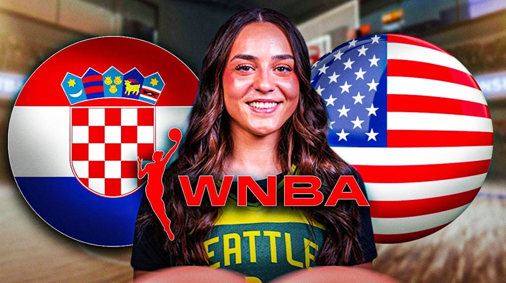 Seattle Storm player Nika Muhl, with a Croatian flag and an American flag behind her and the WNBA logo in the foreground, with questions marks surrounding the image