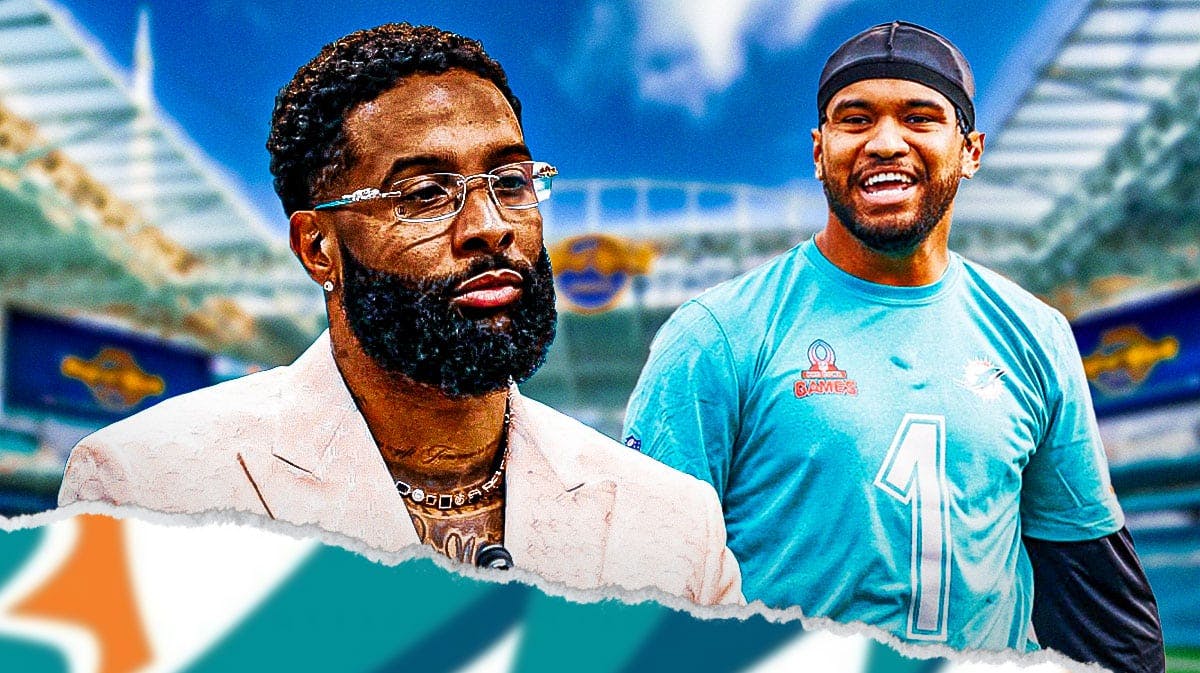 Miami Dolphins stars Odell Beckham Jr. and Tua Tagovailoa in front of Hard Rock Stadium.