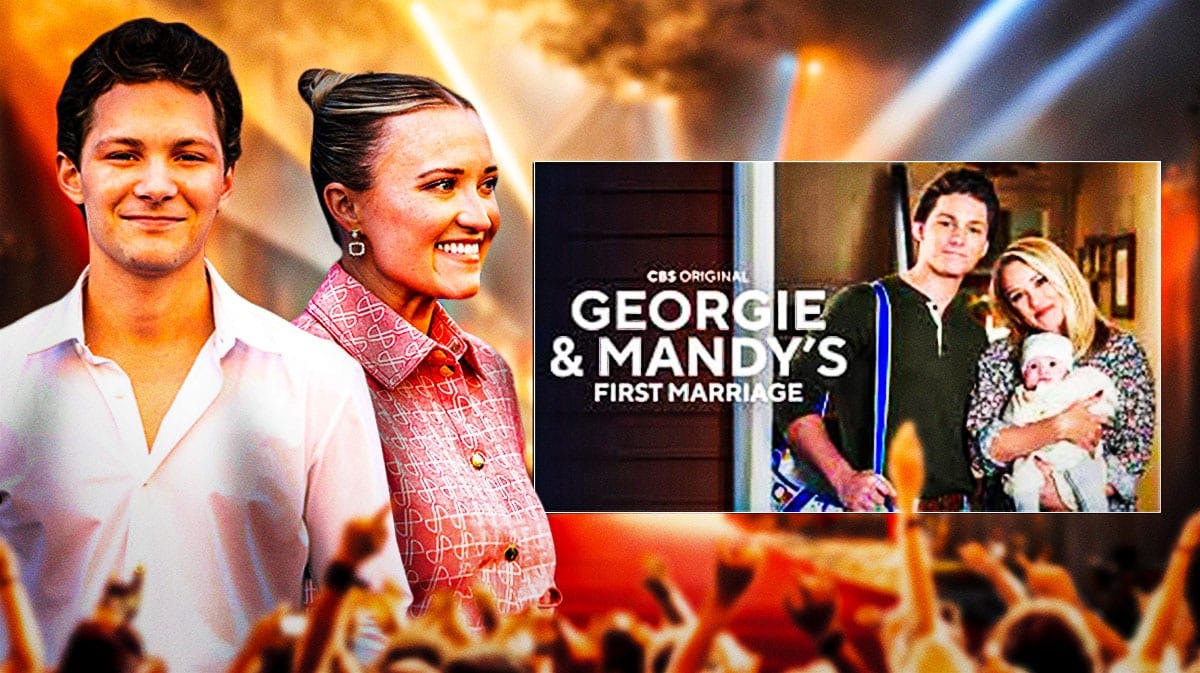 Young Sheldon stars Montana Jordan and Emily Osment with spin-off Georgie and Mandy's First Marriage poster.