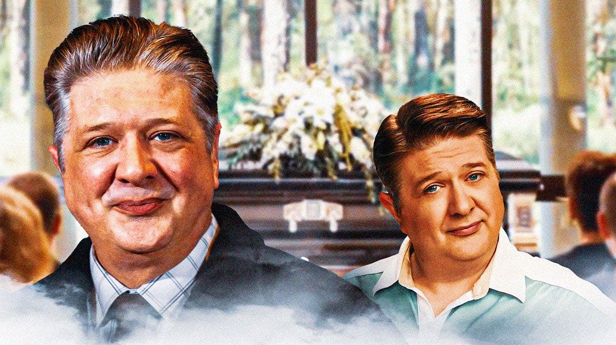 Lance Barber next to George Cooper from Young Sheldon with funeral background.