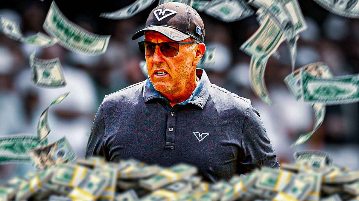 Phil Mickelson surrounded by piles of cash.