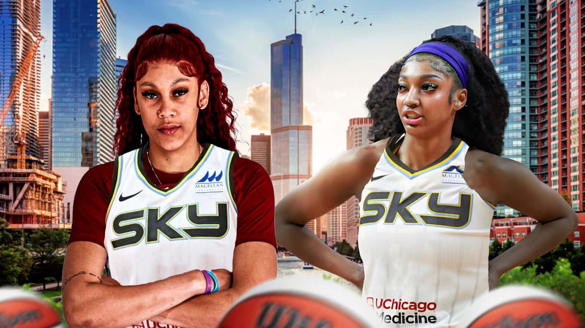hicago Sky player Kamilla Cardoso and Chicago Sky player Angel Reese, with the city of Chicago, Illinois behind them, and basketballs