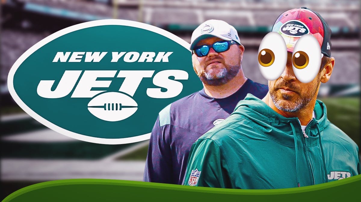 Joe Douglas and Aaron Rodgers with emoji eyes looking at a Jets logo