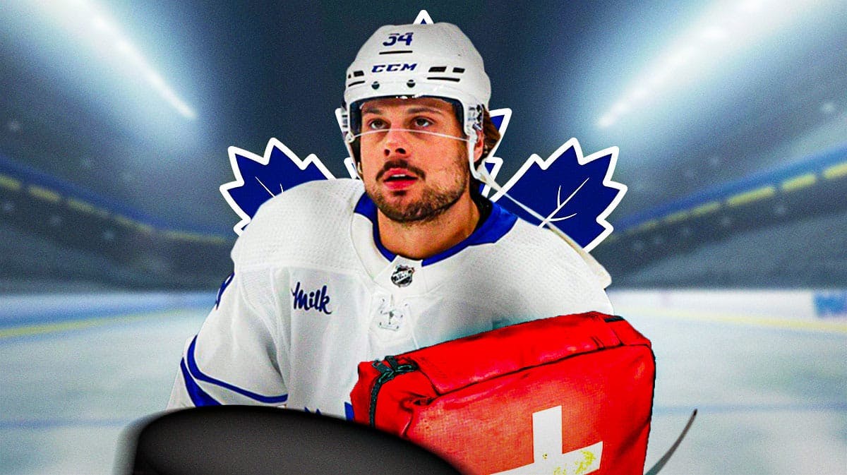 Auston Matthews in middle of image looking stern, first aid kit, Toronto Maple Leafs logo, hockey rink in background