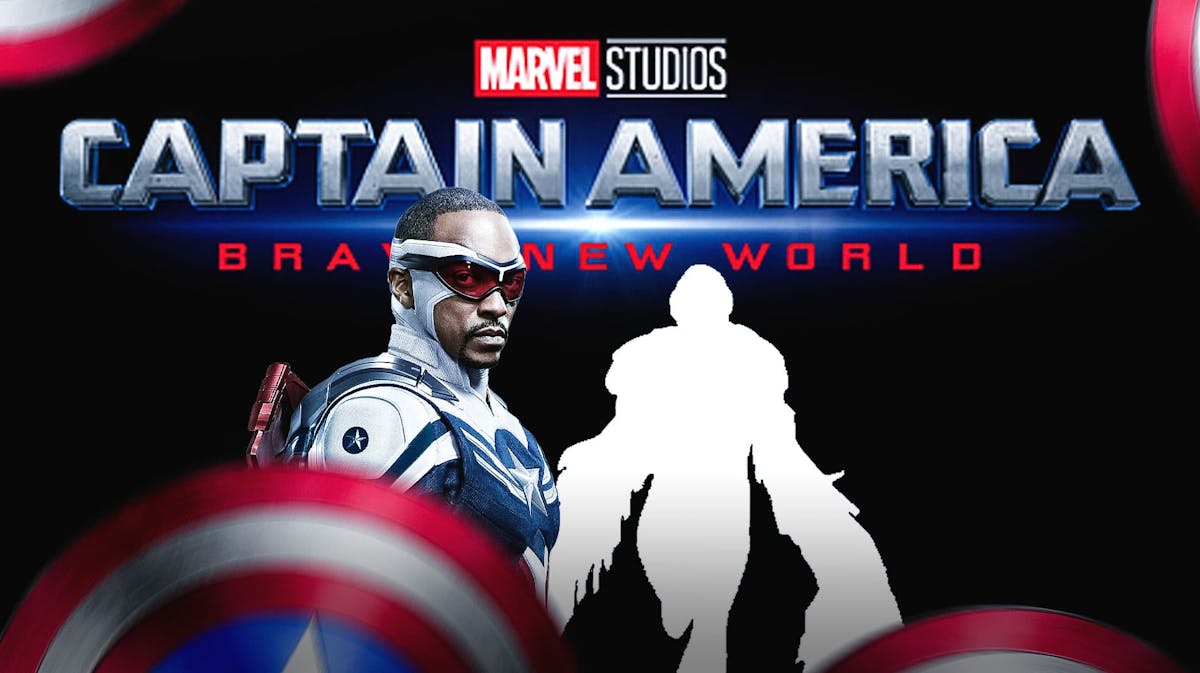 Anthony Mackie and silhouette of Danny Ramirez as Falcon with MCU Captain America 4 (Brave New Yorld) logo.