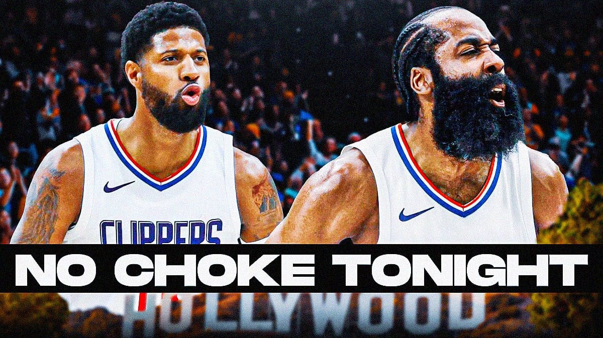 Clippers' Paul George and James Harden hyped up, caption below: NO CHOKE TONIGHT