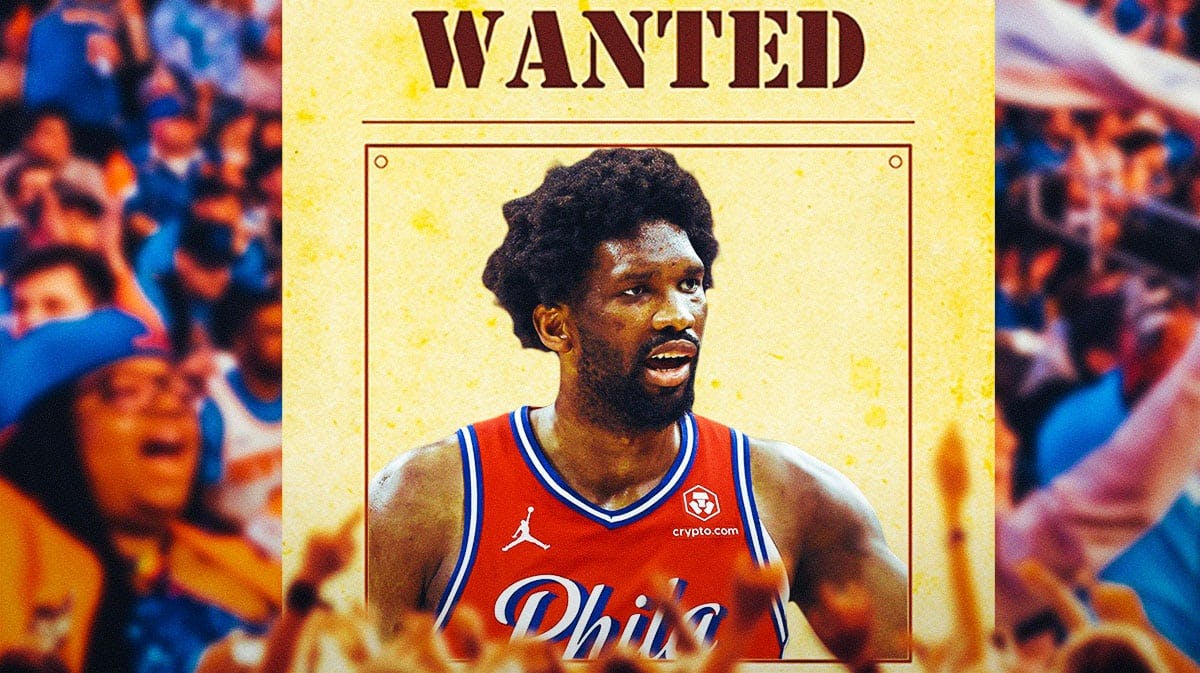 76ers center Joel Embiid on a Wanted Poster in front of New York Knicks fans