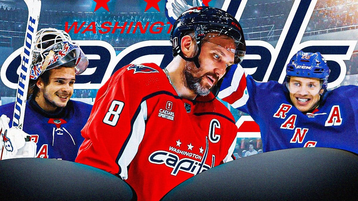 Alex Ovechkin in middle looking upset, Artemi Panarin and Igor Shesterkin on either side looking happy, Washington Capitals logo, hockey rink in background