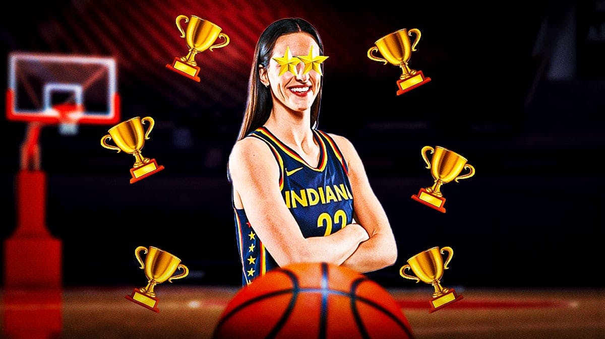Indiana Fever player Caitlin Clark, on a basketball court with stars in her eyes and a trophy emoji