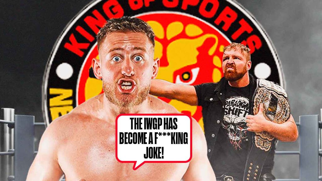 Gabe Kidd with a text bubble reading "The IWGP has become a f***ing joke!" next to Jon Moxley holding the IWGP World Heavyweight Championship with the New Japan Pro Wrestling logo as the background.