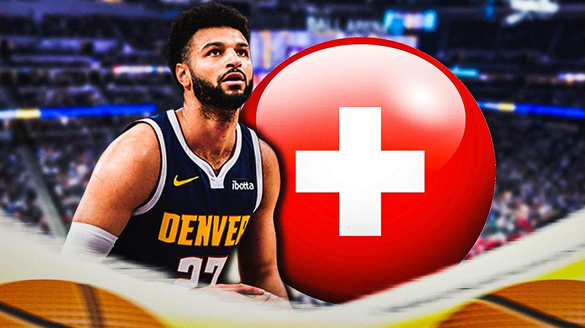 Jamal Murray (Nuggets) shooting a medical plus symbol that is shaped like a ball