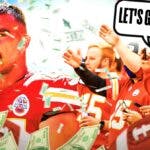 Travis Kelce on one side with bags of money around him, a bunch of Kansas City Chiefs fans on the other side with a speech bubble that says "Let's go!"