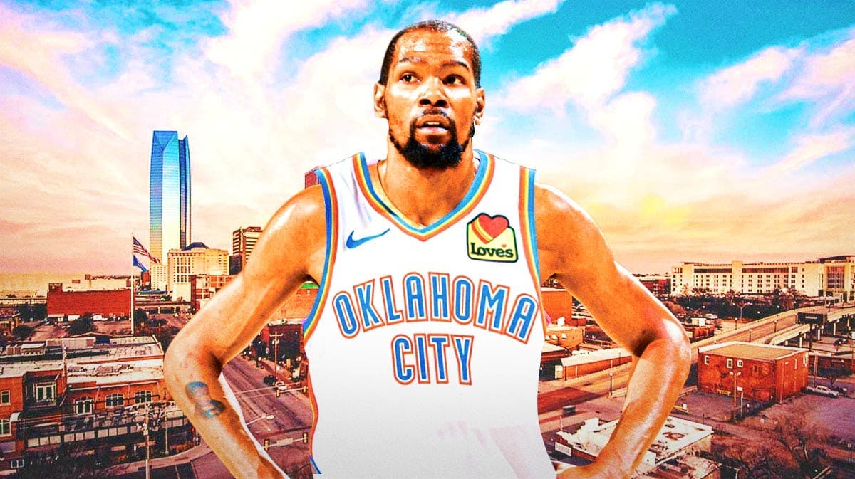 Kevin Durant (2024 image) in a Thunder jersey.