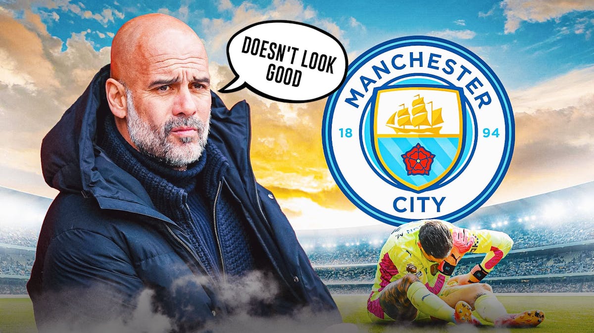 Pep Guardiola saying: 'Doesn't look good' next to an injured/sad looking Ederson, the Manchester City logo behind them