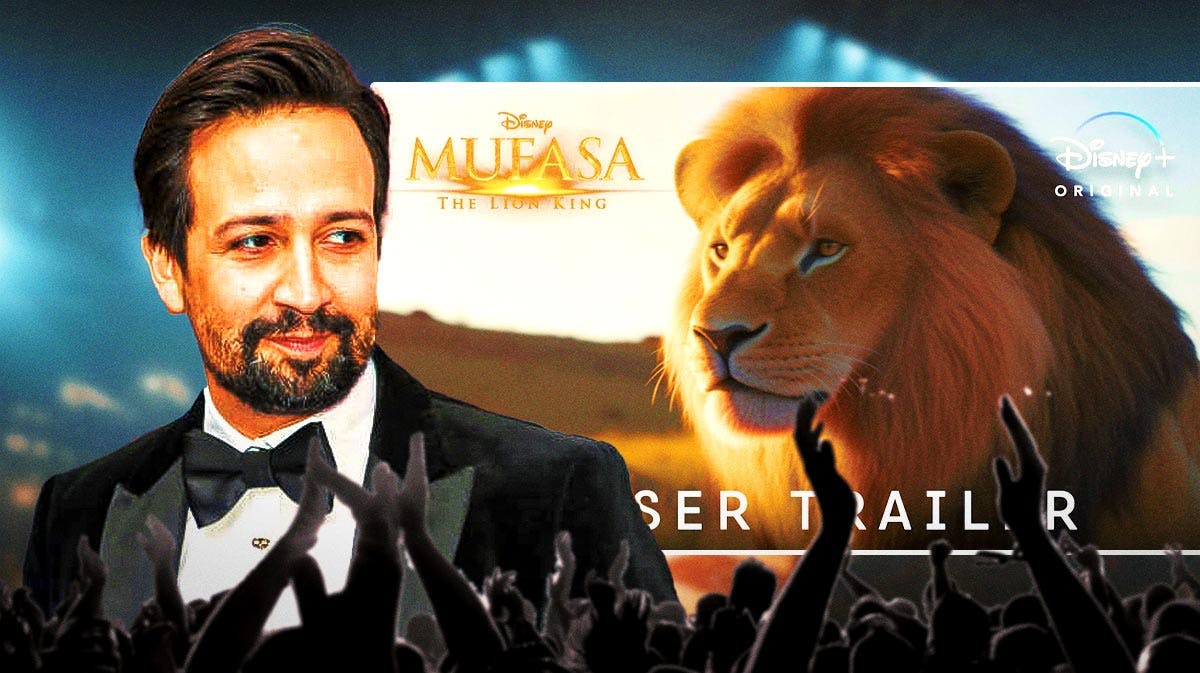 Lin-Manuel Miranda alongside pic of Mufasa from the trailer for Mufasa: The Lion King