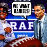 Tom Telesco on one side with a speech bubble that says "We want Daniels!" Jayden Daniels on the other side with the big eyes emoji over his face