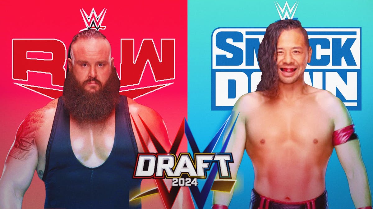 Braun Strowman with the RAW logo and a red background behind him on the left and Shinsuke Nakamura with the SmackDown logo and a blue background behind him on the right with the WWE Draft logo between them.