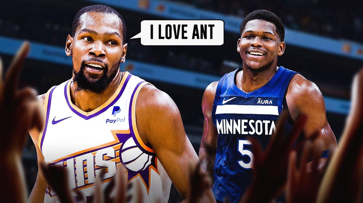 Kevin Durant saying, “I love Ant”. On the other side, have Anthony Edwards in his Wolves’ jersey. Footprint Center (suns court) as background.