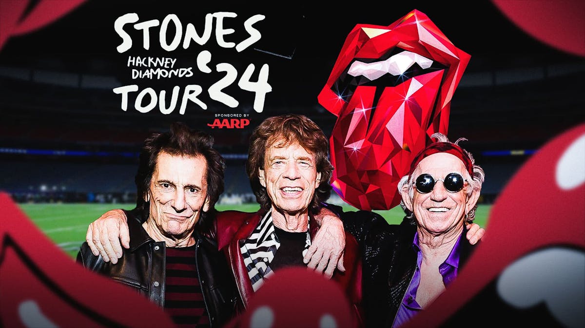 The Rolling Stones Hackney Diamonds tour logo with Ronnie Wood, Keith Richards, and Mick Jagger and NRG Stadium in Houston, Texas background.