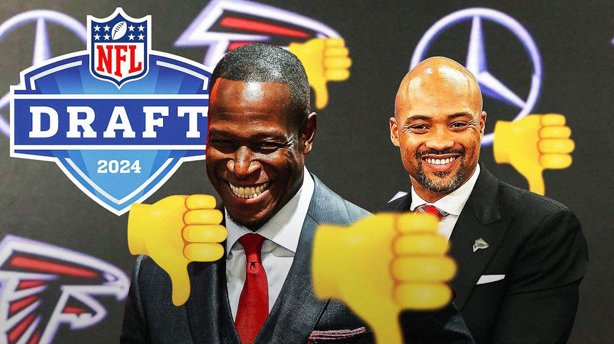 Falcons' Raheem Morris and Terry Fontenot, 2024 NFL Draft, with thumbs down emojis
