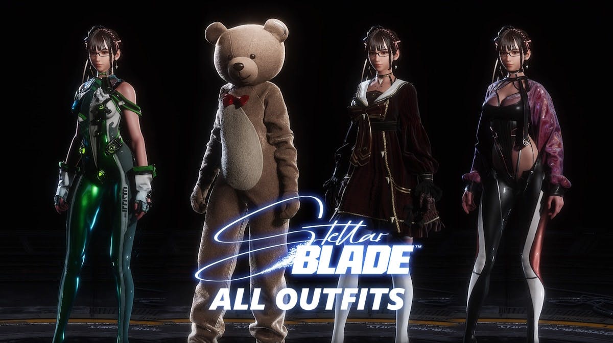 stellar blade outfits, stellar blade outfits unlock, stellar blade guide, stellar blade, stellar nano suits, a compilation of eve outfits from stellar blade with the game logo in the center and the words all outfits under it