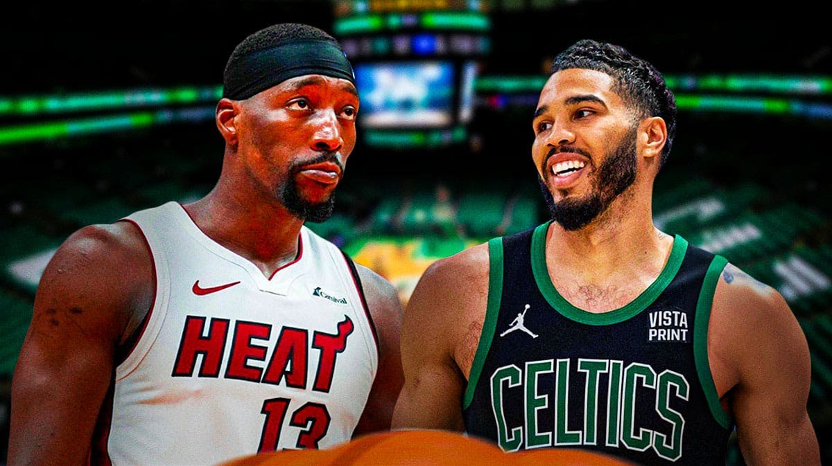 image idea: Jayson Tatum looking hyped on a Boston city background next to a sad/disappointed Bam Adebayo