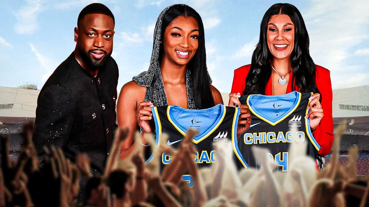Angel Reese, Dwayne Wade, Kamilla Cardoso, Sky, Sky Lynx, Dwayne Wade, Angel Reese and Kamilla Cardoso with Sky arena in the background
