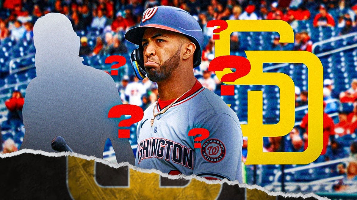 Eddie Rosario in middle of image looking stern, 1 silhouetted San Diego Padres player on each side, SD Padres logo, baseball field in background, 3-5 question marks