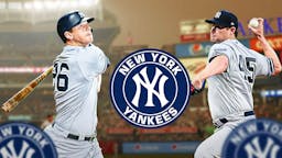 DJ LeMahieu swinging a bat and Gerrit Cole throwing a pitch next to a Yankees logo