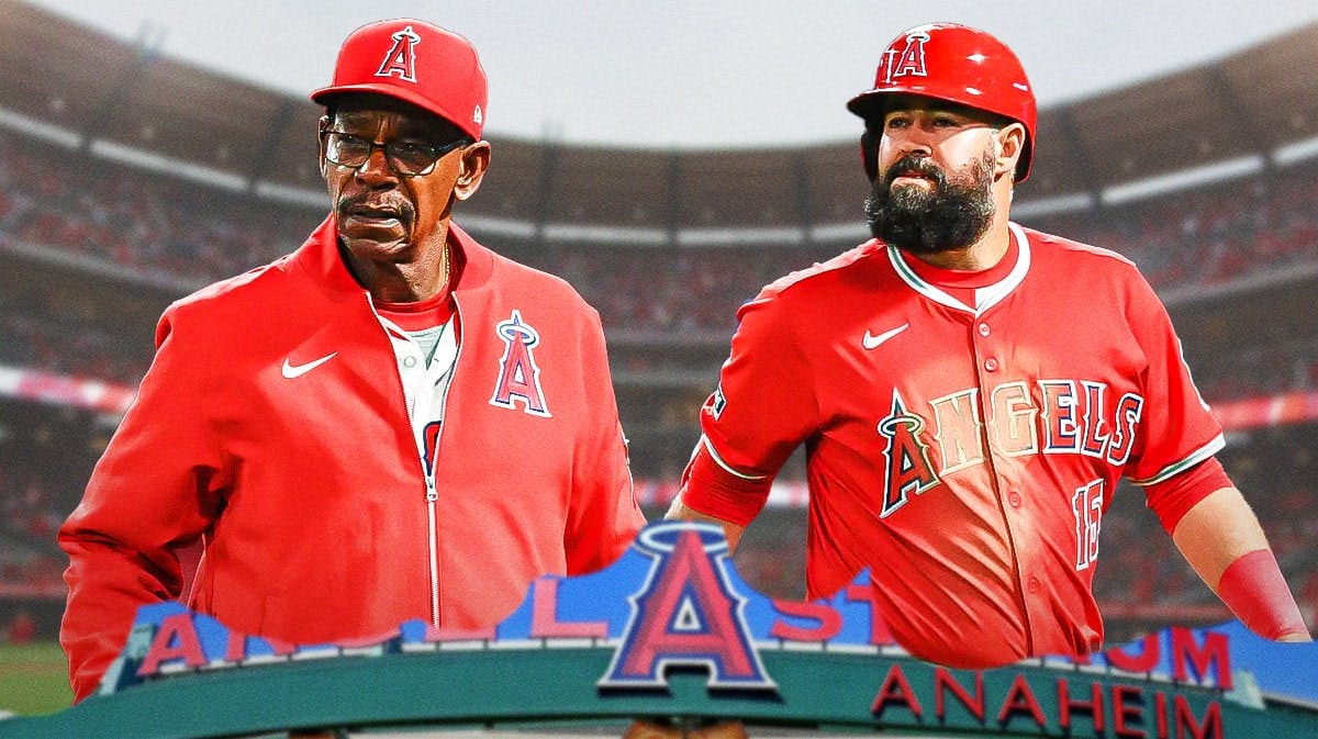 Angels, Cardinals, Ron Washington, Luis Guillorme, Ron Washington and Luis Guillorme (in Angels uni) with Angels stadium in the background