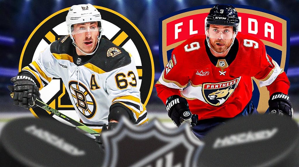 Brad Marchand and Sam Bennett both in image looking stern, BOS Bruins and FLA Panthers logos, hockey rink in background