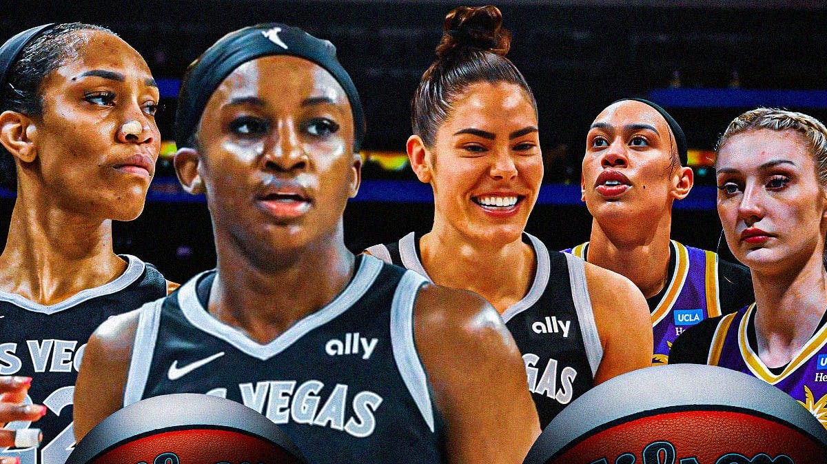 Las Vegas Aces A’ja Wilson, Jackie Young, and Kelsey Plum smiling next to Los Angeles Sparks Dearica Hamby and Cameron Brink looking sad.