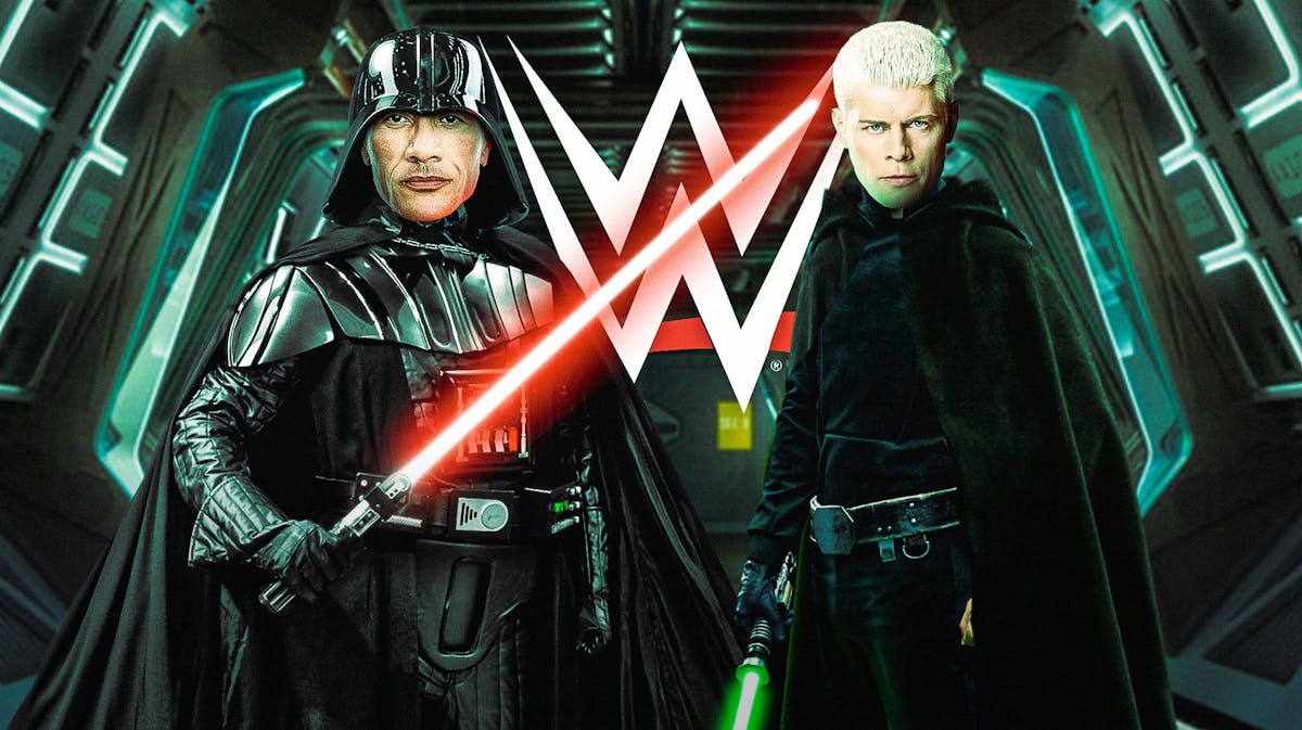The Rock's head on Darth Vader's body and Cody Rhodes' head on Luke Skywalker's body with the WWE logo as the background.