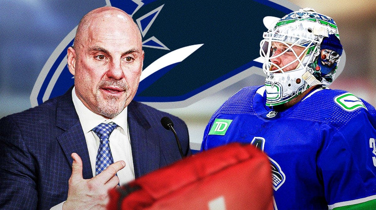 Vancouver Canucks goalie Thatcher Demko next to Canucks head coach Rick Tocchet. There is an injury symbol next to Demko. There is also a logo for the Vancouver Canucks.