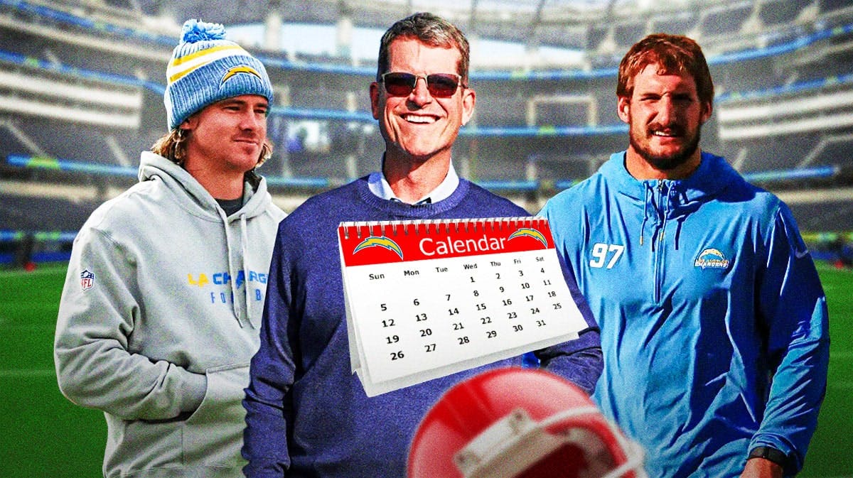 Chargers head coach Jim Harbaugh, players Justin Herbert, Joey Bosa, with Chargers calendar schedule