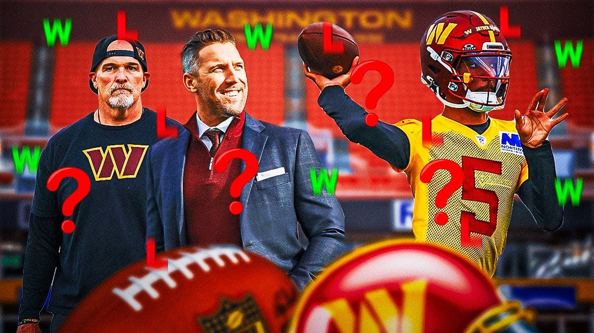 Washington Commanders GM Adam Peters, head coach Dan Quinn, and QB Jayden Daniels surrounded by red L’s, green W’s, and question mark emojis.