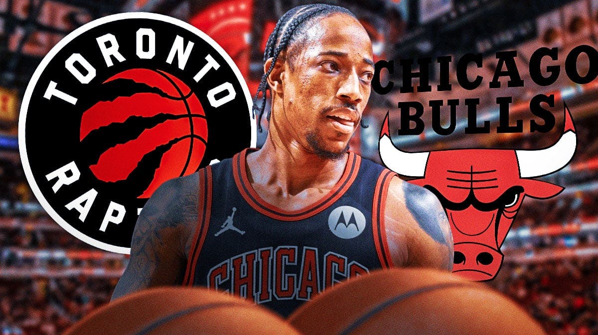 DeMar DeRozan stands next Bulls and Raptors logos while free agency contract rests in background